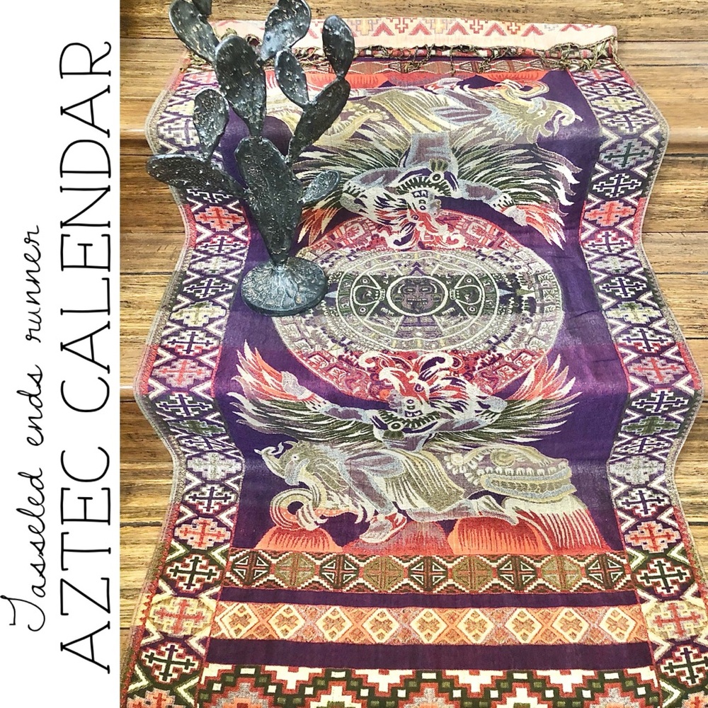 Aztec Calendar Runner with Tasseled Ends